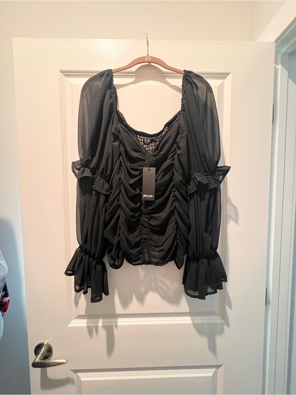 Nasty Gal Black Sheer Ruched Puff-Sleeve Blouse